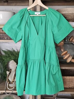A.L.C. Camila Short Sleeve Tiered Poplin Mini Dress Green NWOT